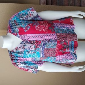CHICO'S Patchwork Flutter Sleeve Peplum Button Down Blouse CHICO'S SIZE: 3